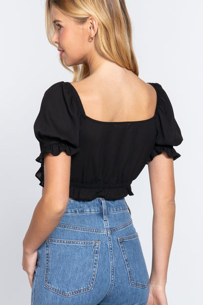 Short Slv Print Crop Woven Top