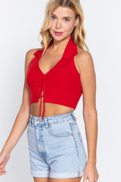 Halter Ruched Crop Sweater Knit Top