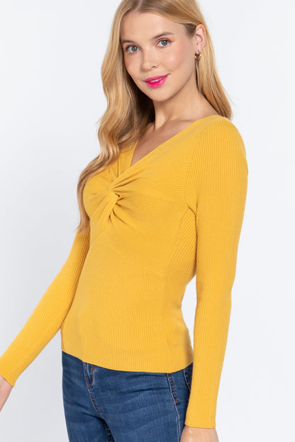 Long Slv V-neck Knotted Sweater