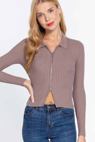 Notched Collar Zippered Sweater