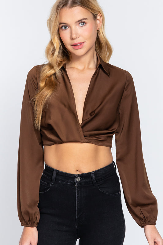 Long Sleeve Notched Collar Front Twisted Detail Crop Woven Top