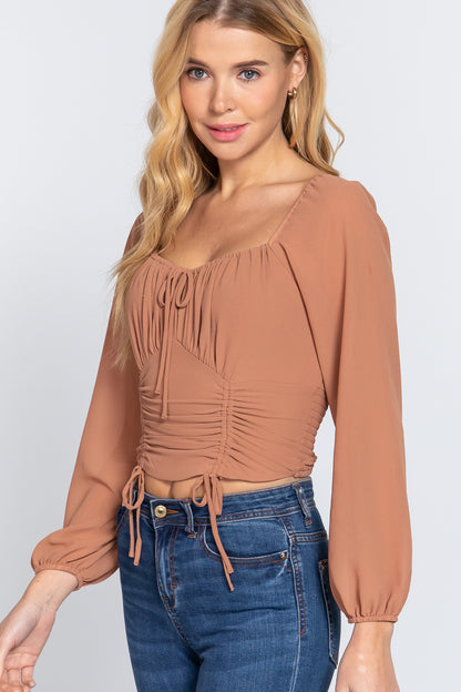 Long Sleeve Front Tied Ruched Detail Woven Top