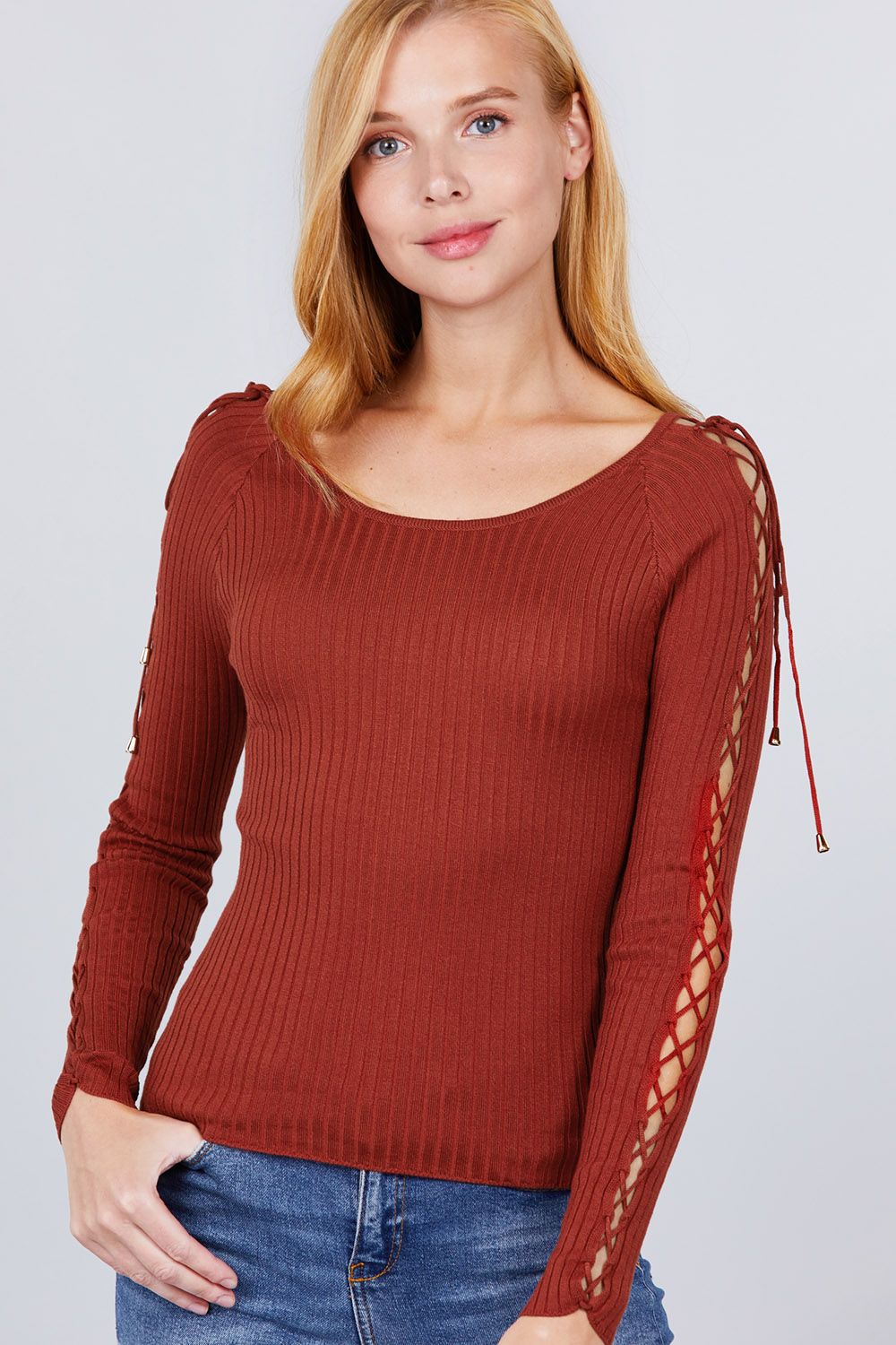 Long Sleeve W/strappy Detail Round Neck Rib Sweater Top