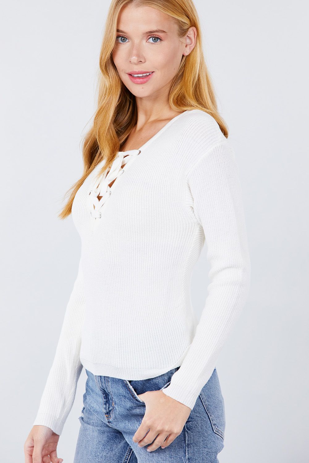 V-neck Eyelet Strap Back Sweater