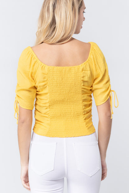 Elbow Slv Smocked Ruched Woven Top