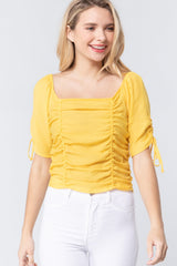 Elbow Slv Smocked Ruched Woven Top