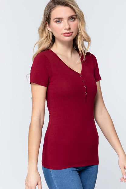 Short Slv V-neck Henley Knit Top