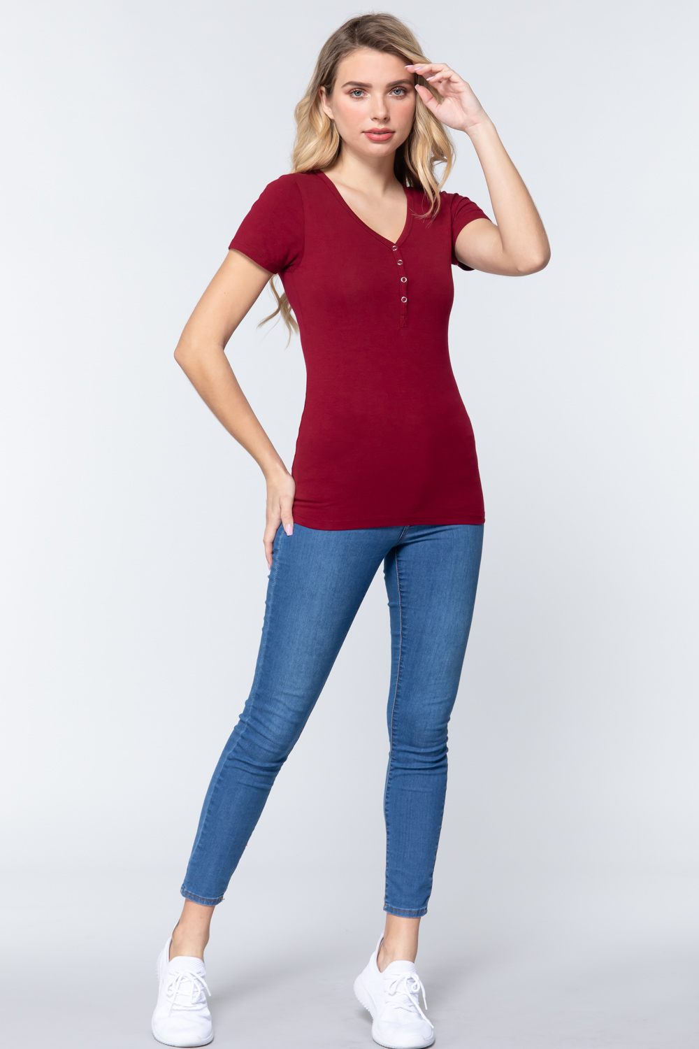 Short Slv V-neck Henley Knit Top