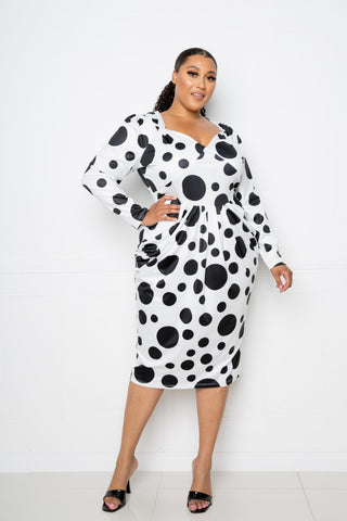 Polka Dot Drop Waist Ruched Midi Dress