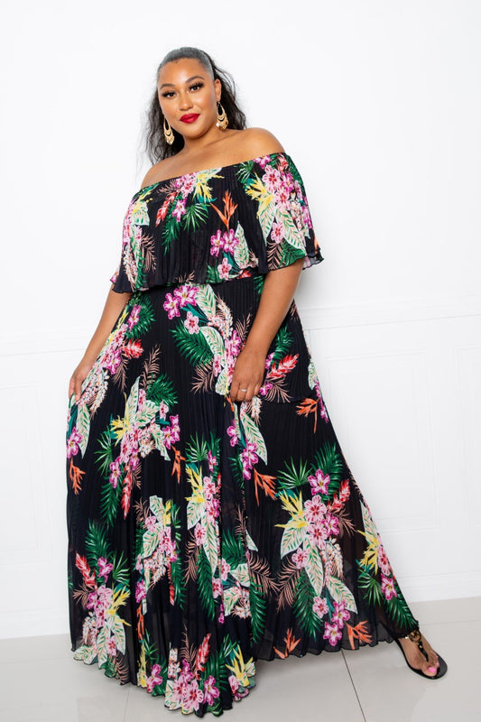 Tropical Printed Off Shoulder Pleated Maxi Dress