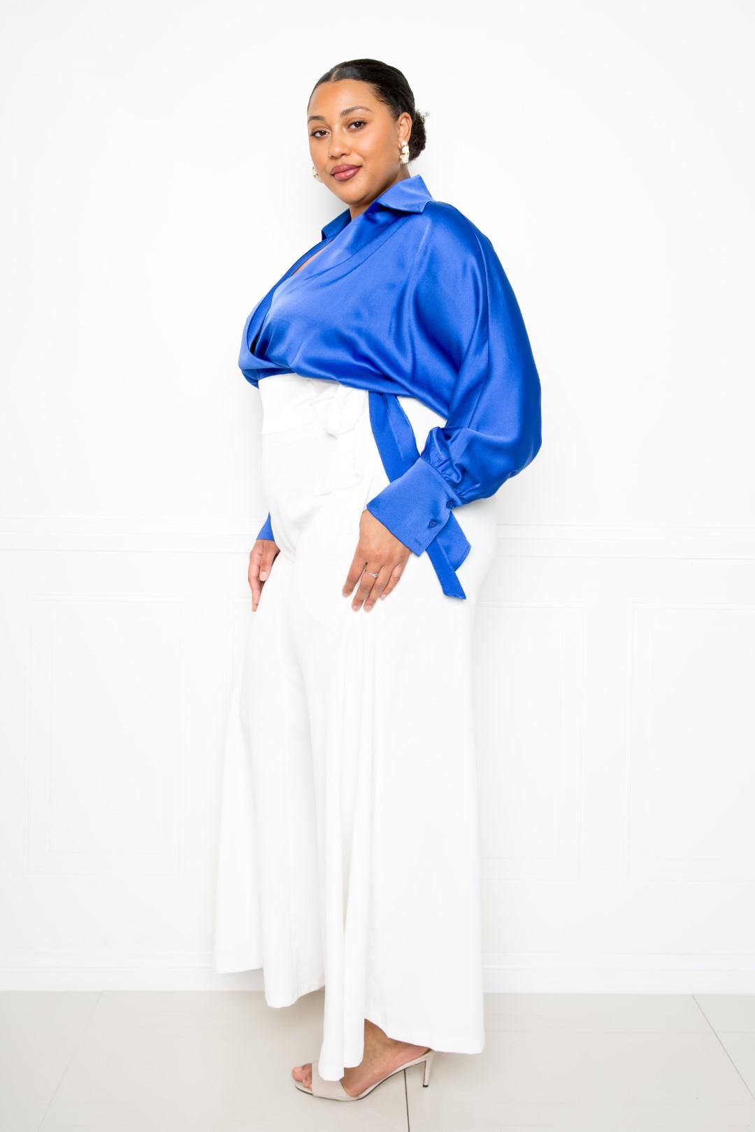 Satin Long Sleeve Tie Waist Wrap Top