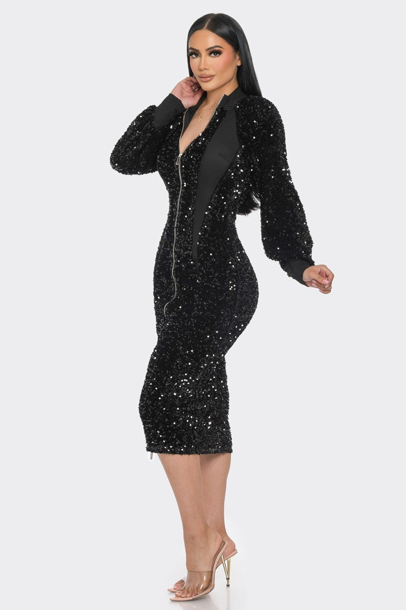 Midi 2 Way Zip Up Sequin Contrast Dress