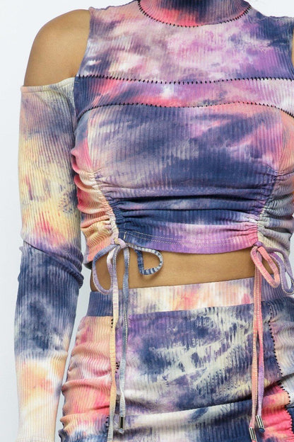 Tie Dye Open Shoulder Long Sleeve Top And Matching Skirt W Ruching Details