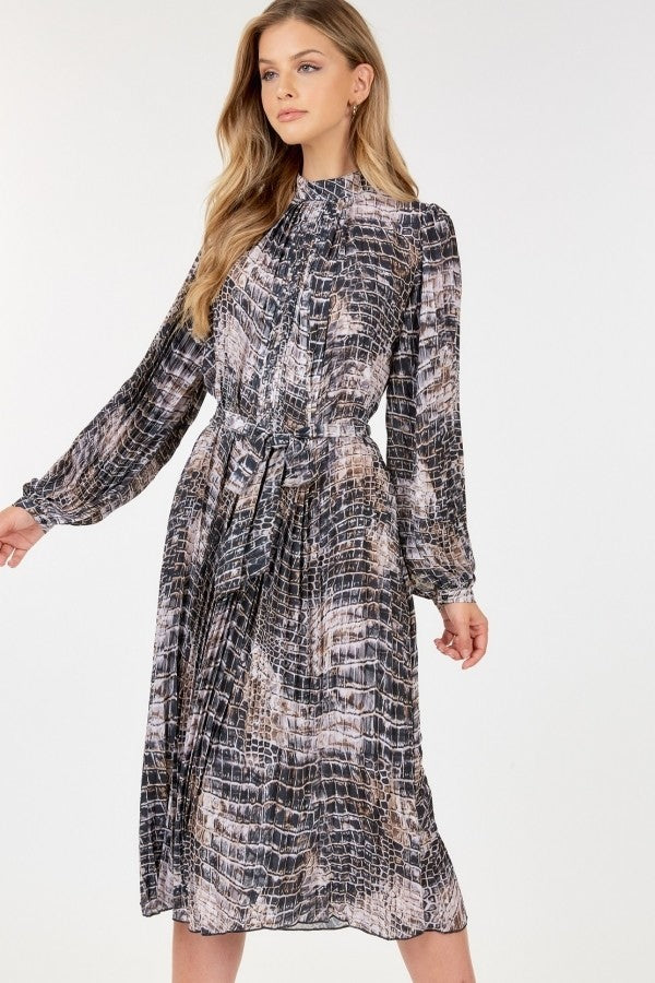 Long Sleeve Pleated Snake Skin Print Midi Dress