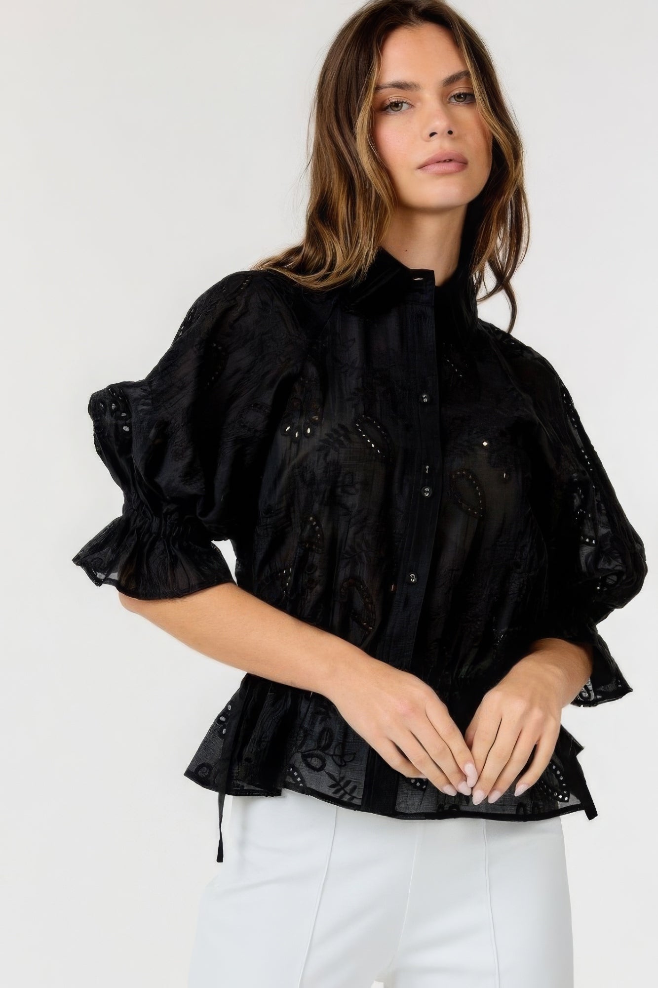 Button-down Collar Neck Embroidered Top