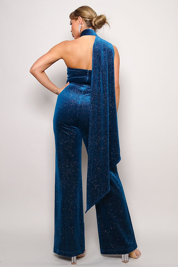 Scarf Top Glitter Velvet Jumpsuit