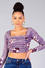 Ruched Velvet Floral Back Tie Crop Top