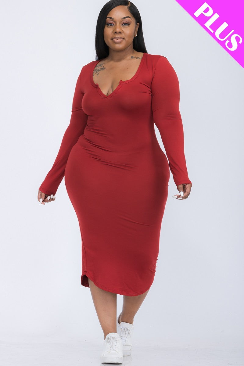 Plus Size Split Neck Long Sleeve Midi Dress