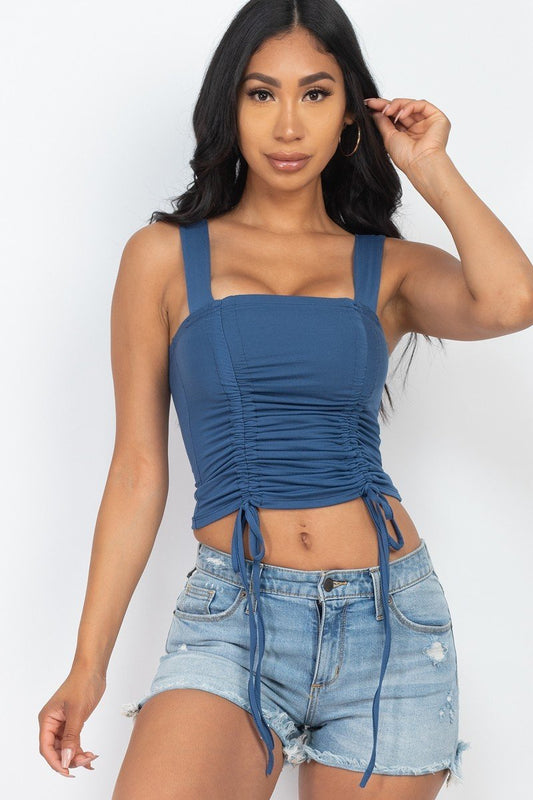 Adjustable Front Ruched With String Square Neck Crop Tops