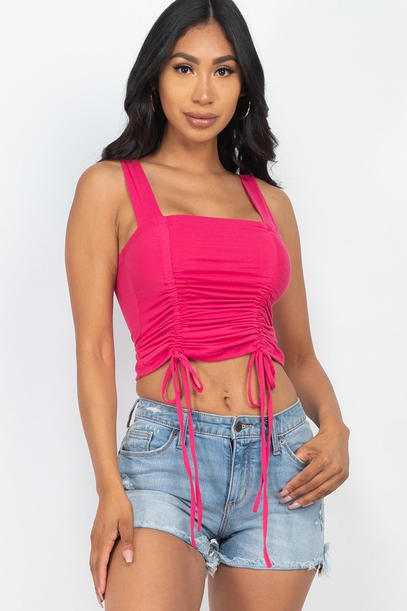 Adjustable Front Ruched With String Square Neck Crop Tops