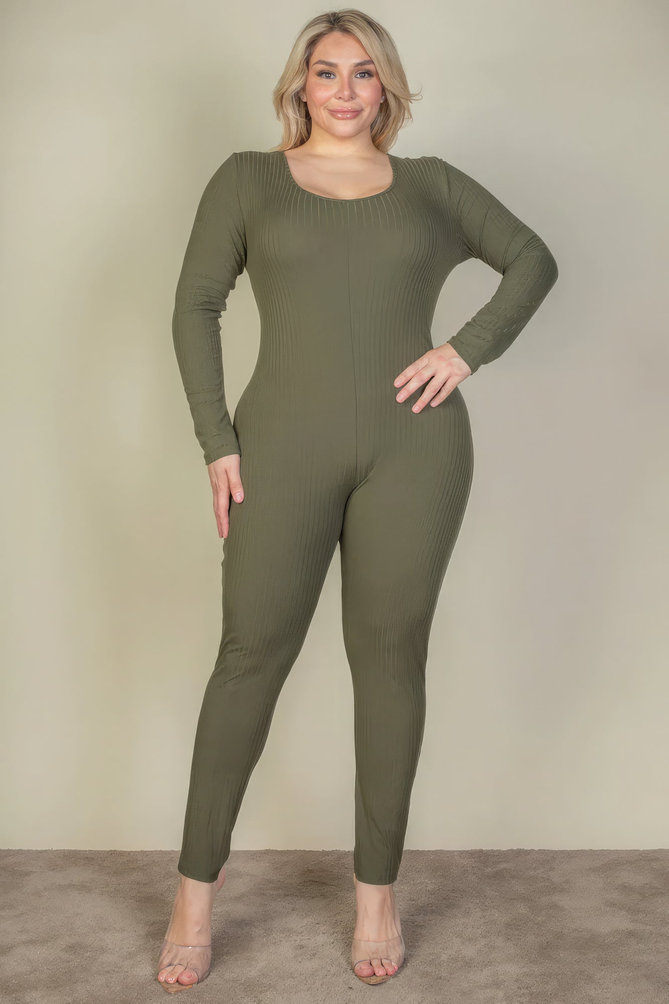 Plus Size Ribbed Scoop Neck Long Sleeve Jumpsuit