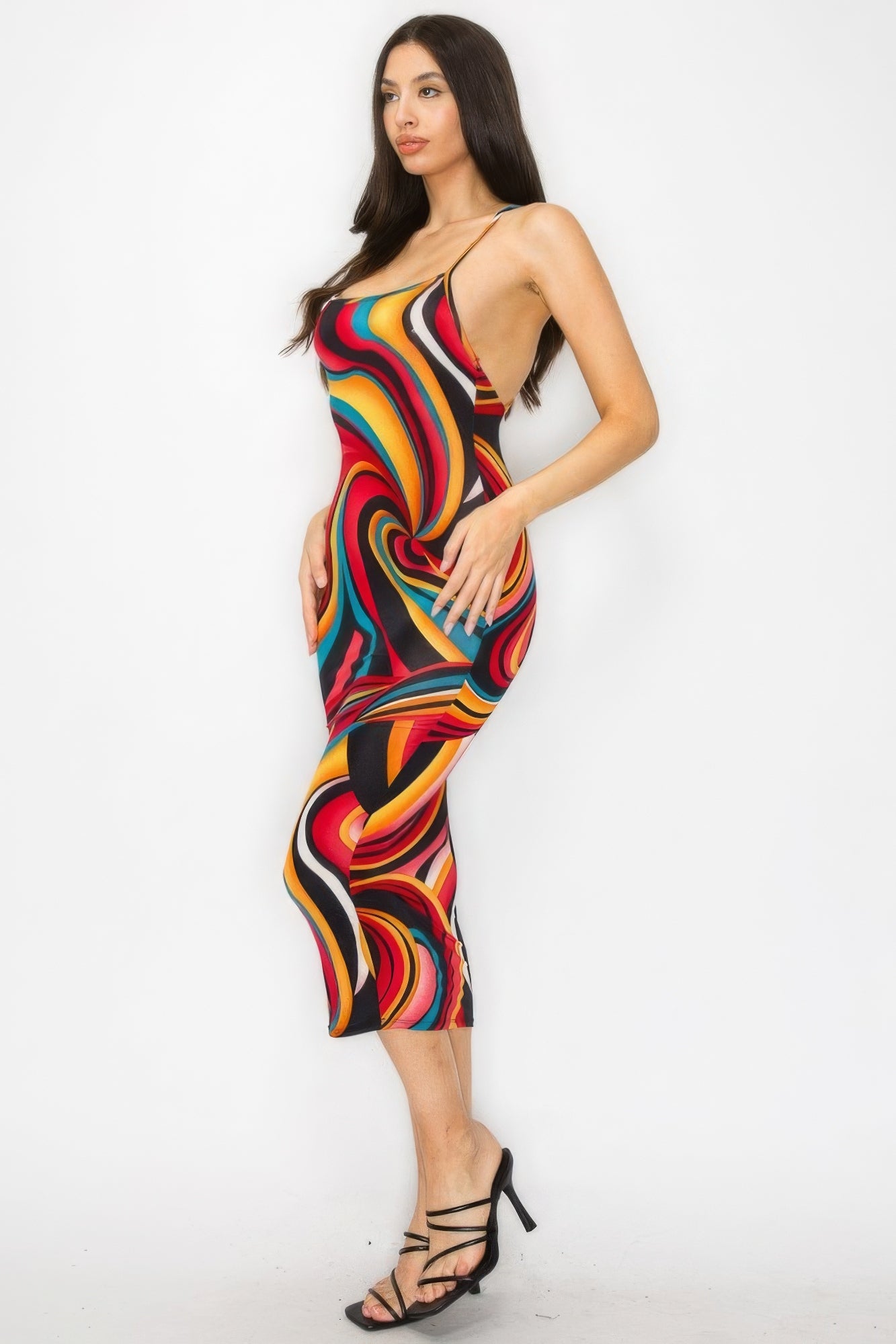 Crossed Back Marble Print Multicolor Midi Dress