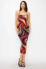 Crossed Back Marble Print Multicolor Midi Dress