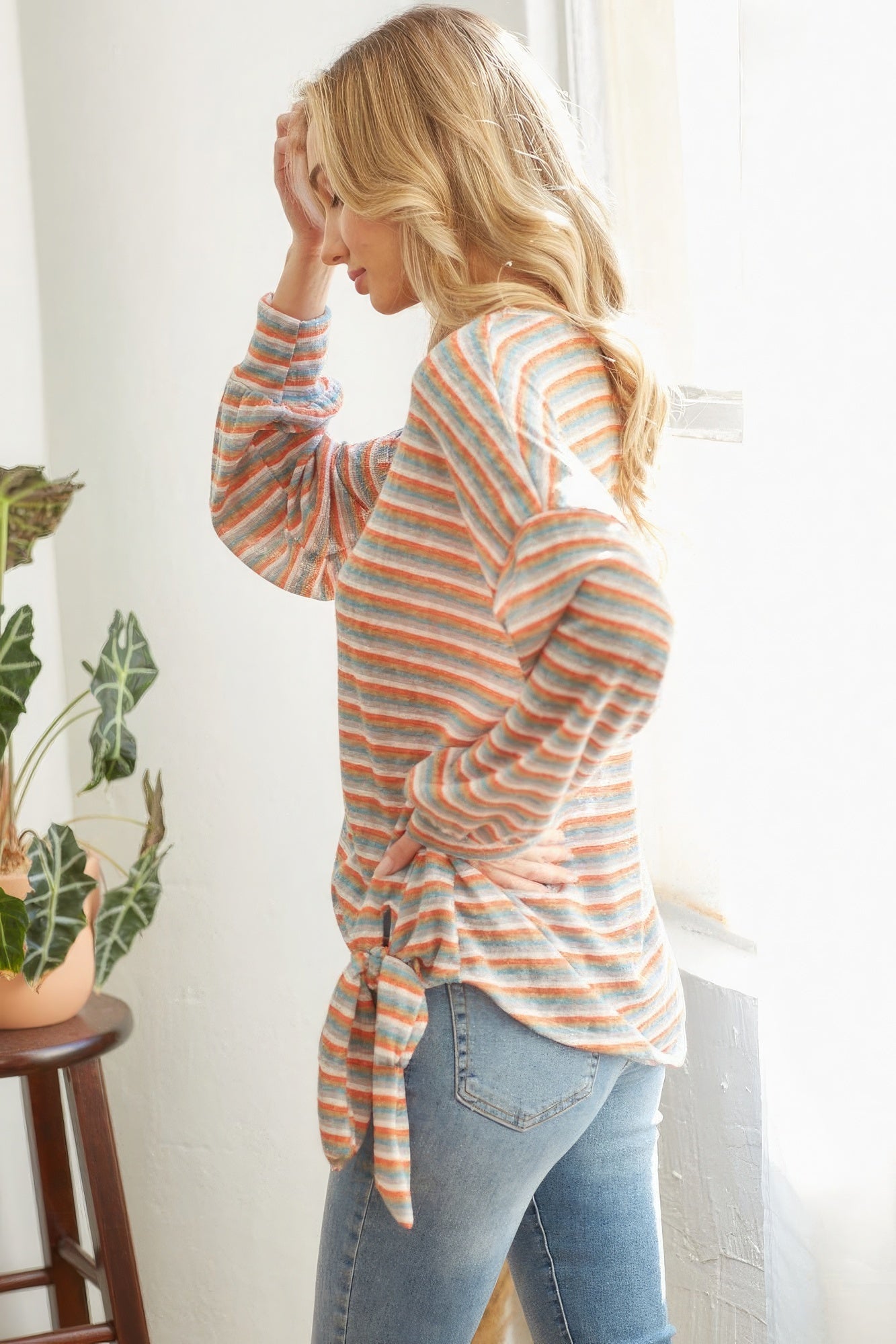 Striped Self Tie Longsleeve Top