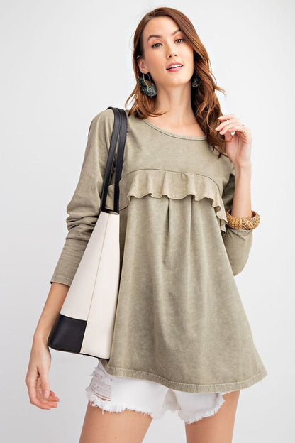 Long Sleeve Ruffled Detailing Oil Washed Knit Tunic