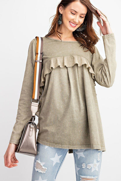 Long Sleeve Ruffled Detailing Oil Washed Knit Tunic