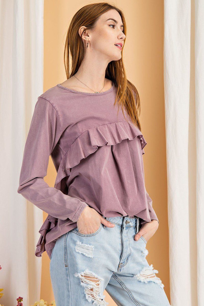 Long Sleeve Ruffled Detailing Oil Washed Knit Tunic