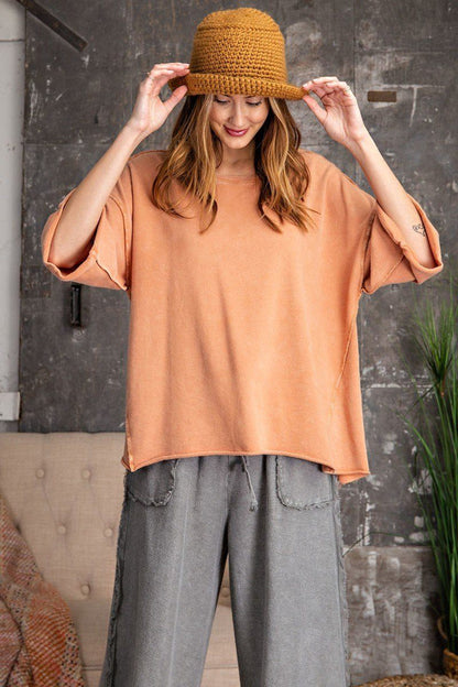 3/4 Slvs Mineral Washed Terry Knit Boxy Top