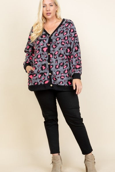 Plus Size Cozy Animal Mir Print With Brush Button Up Cardigan