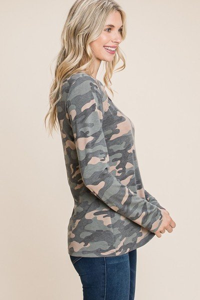 Army Camo Printed Cut Out Neckline Long Sleeves Casual Basic Top