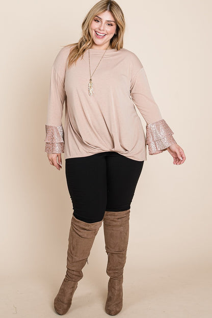 Plus Size Two Tier Velvet Animal Mesh Sleeves Solid Knit Top