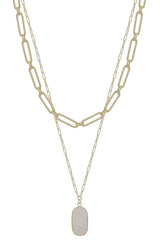 2 Layered Metal Chain Stone Pendant Necklace