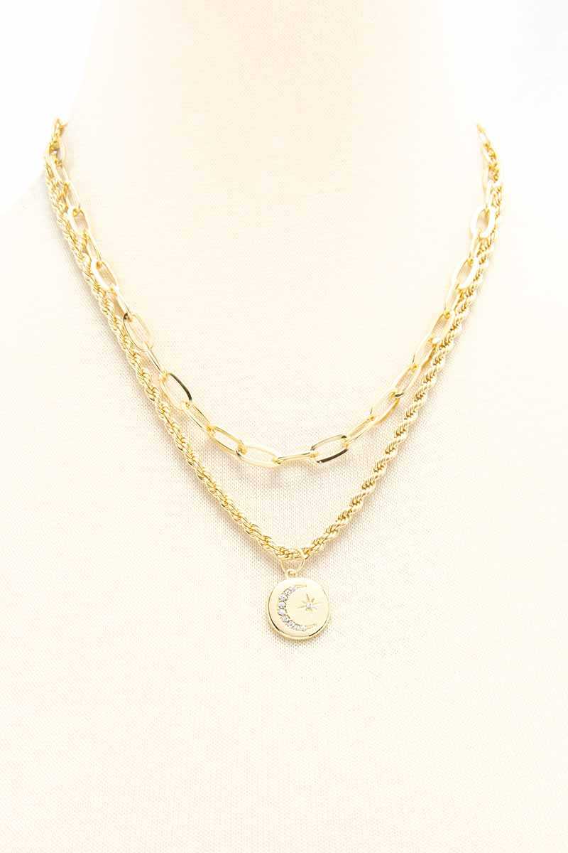 2 Layered Metal Chain Round Pendant Necklace