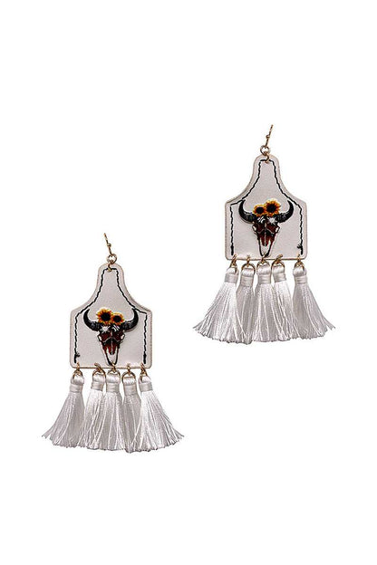 Stylish Western Cow Skull And Tassel Drop Earring