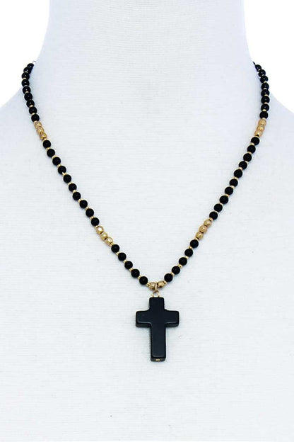 Chic Beaded And Cross Pendant Necklace