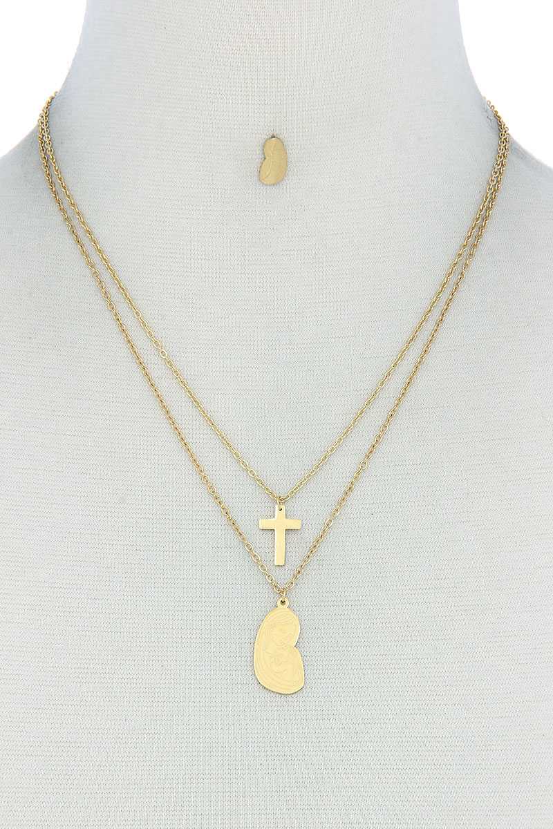 Stylish Double Layer Cross And Mary Necklace And Earring Set