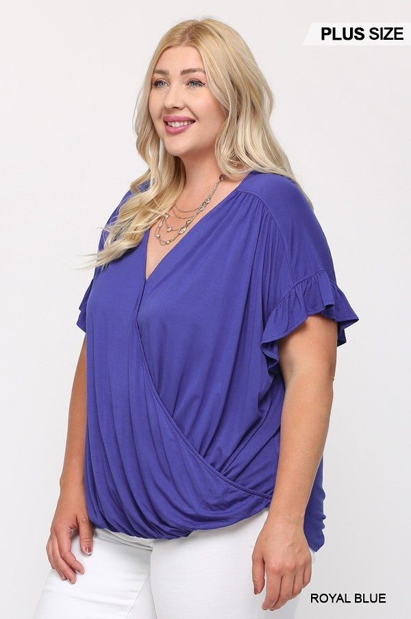 Solid Viscose Knit Surplice Top With Ruffle Sleeve