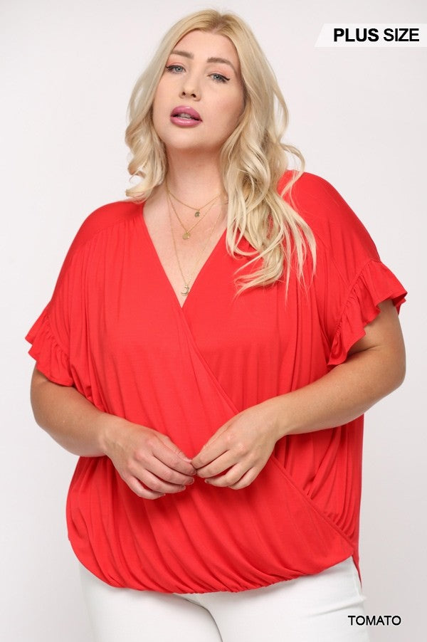 Solid Viscose Knit Surplice Top With Ruffle Sleeve