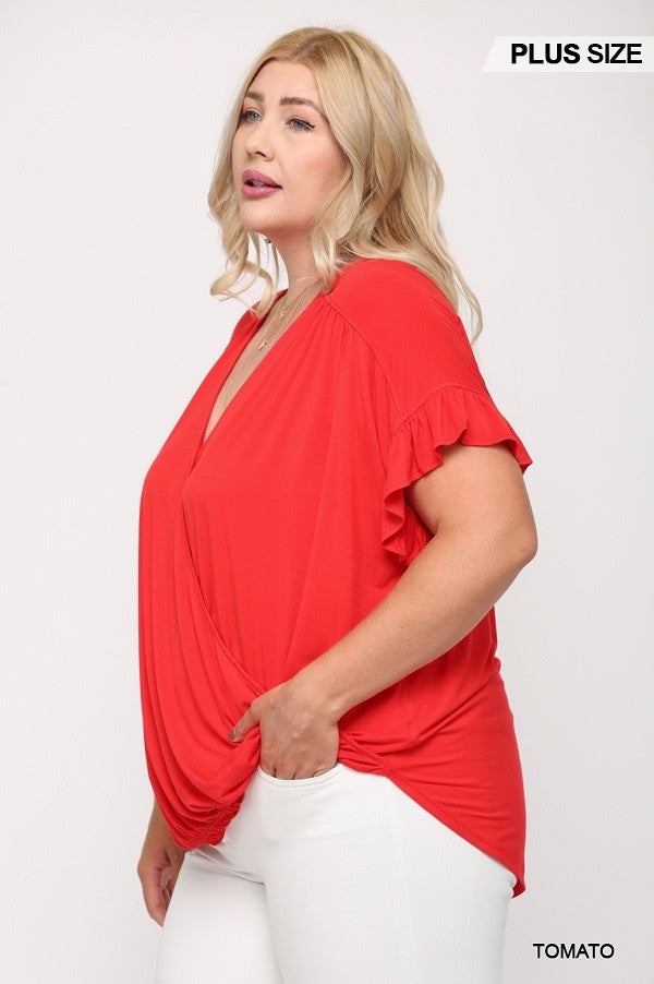 Solid Viscose Knit Surplice Top With Ruffle Sleeve