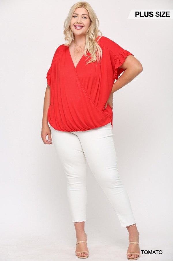 Solid Viscose Knit Surplice Top With Ruffle Sleeve