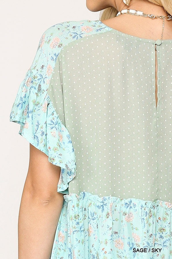 Dot And Floral Print Mixed Ruffle Top With Back Keyhole