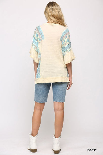 Texture Knit And Print Mixed Hi Low Hem Top