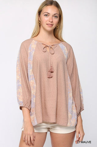 Solid Crinkle And Print Mix Raglan Sleeve Top With Tassel Tie