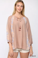 Solid Crinkle And Print Mix Raglan Sleeve Top With Tassel Tie