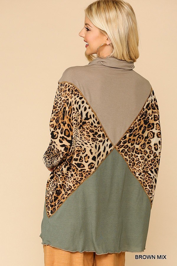 Solid And Animal Print Mixed Knit Turtleneck Top With Long Sleeves