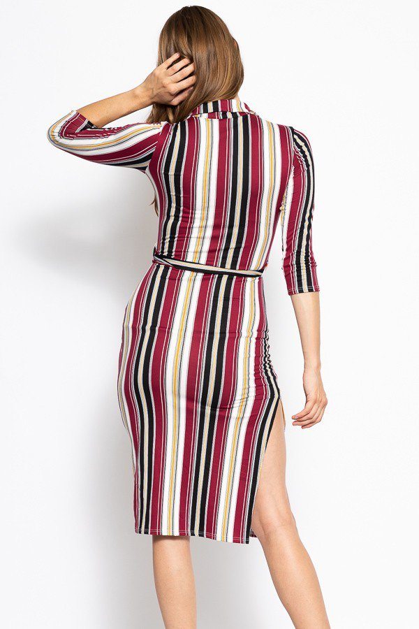 Stripes Print, Midi Tee Dress With 3/4 Sleeves, Collared V Neckline, Decorative Button, Matching Belt And A Side Slit